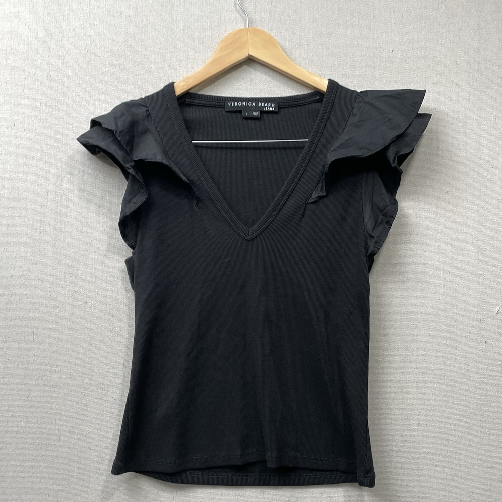 Veronica Beard Jeans Black Ruffle sleeve V-neck Top Women's Small tee blouse